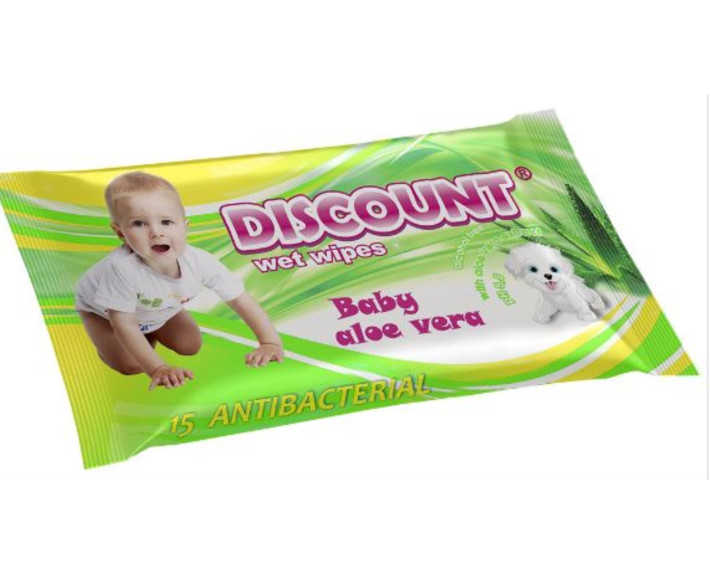 Салфетки влажные "Discount" 15шт Детские с алоэ вера