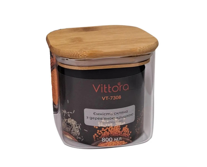 Ємність скляна з дерев'яною кришкою (прямокутна) Vittora, 800 мл VT-7308