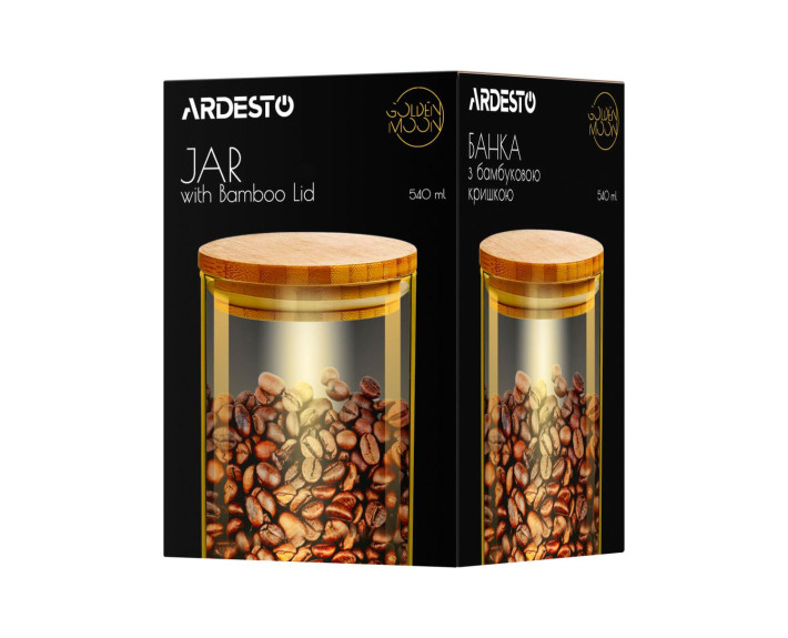 Банка для зберігання Ardesto Golden Moon, кругла, 540 мл, скло, бамбук