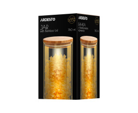Банка для зберігання Ardesto Golden Moon, кругла, 760 мл, скло, бамбук