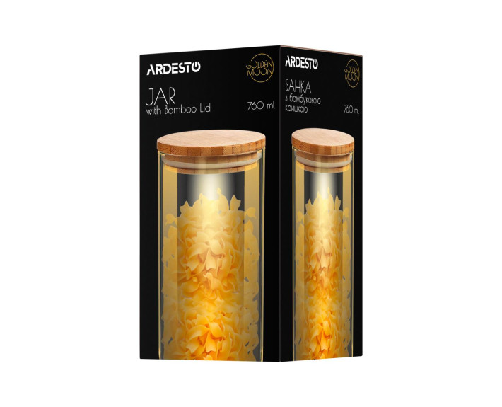 Банка для зберігання Ardesto Golden Moon, кругла, 760 мл, скло, бамбук