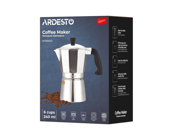 Гейзерна кавоварка Ardesto Gemini Cremona,0,24 л. 6 чашок, алюміній