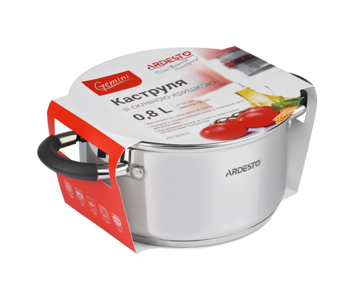 Каструля зі скляною кришкою Ardesto Gemini Salerno, 0.8л, нержавіюча сталь, силікон
