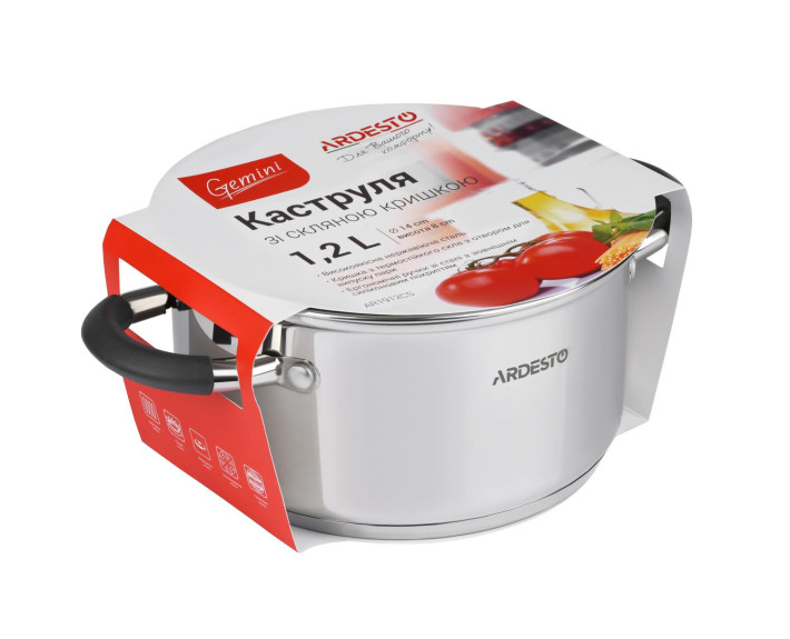 Каструля зі скляною кришкою Ardesto Gemini Salerno, 1.2л, нержавіюча сталь, силікон