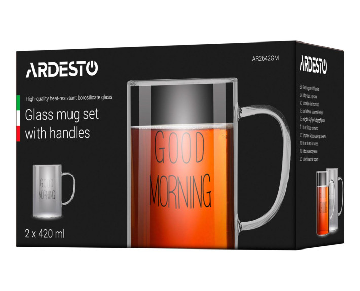 Набір чашок з ручками Ardesto Good Morning 420мл, 2шт, боросилікатне скло, прозорий