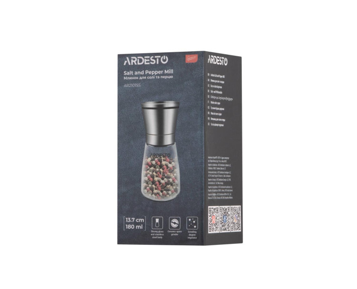 Млинок для солі та перцю Ardesto Gemini, 180мл, скло, нержавіюча сталь, прозорий