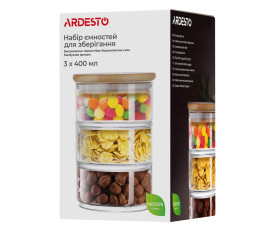 Набор емкостей для хранения Ardesto Midori, 3x400мл, боросиликатное стекло, бамбук, прозрачный