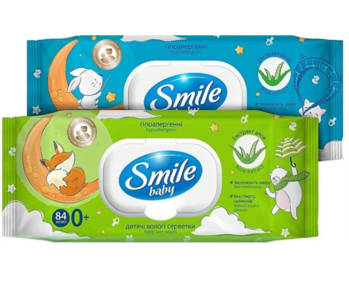 Салфетки влажные 84 шт Зайчик/Лисичка с клапаном Smile Baby
