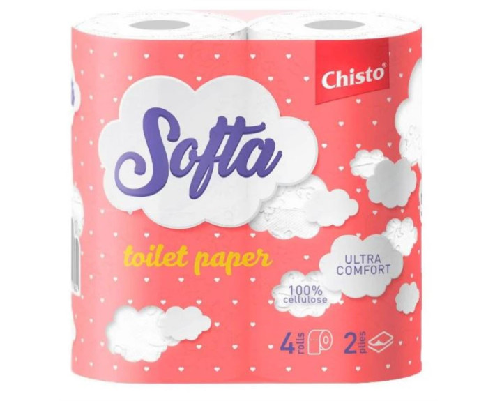 Туалетний папір целюл. на гільзі по 4рул., 2-х шар. біло-рожева Softa Chisto