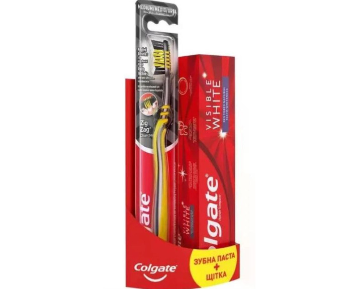 Зубная паста Visible White + зубная щетка Зиг Заг Древесный уголь, Colgate