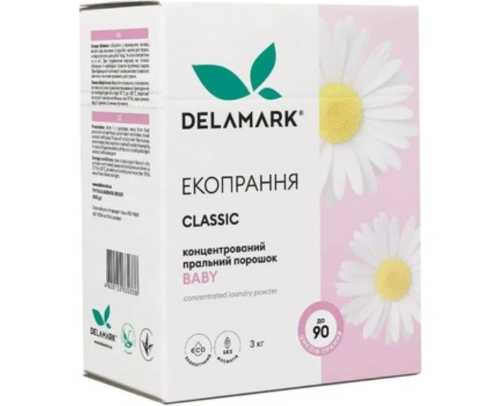 Пральний порошок безфосфатний концентрат Baby ромашка 3кг Delamark