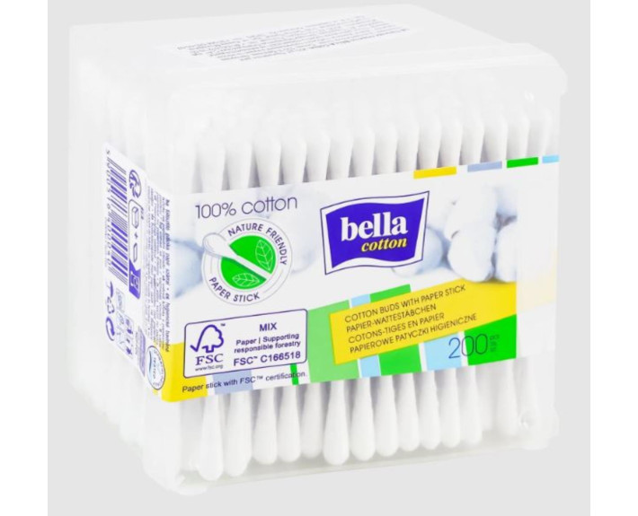 Ватні палички Bellа Cotton 200шт бум.стік, пласт. прямок.паков