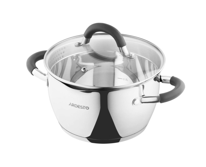Каструля зі скляною кришкою та зливом Ardesto Gemini Livorno, 2,3л, нержавіюча сталь, силікон