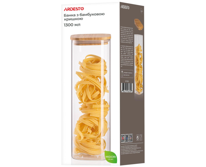Банка для зберігання Ardesto Midori, 1300 мл, скло, бамбук, квадратна, прозорий