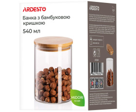 Банка для зберігання Ardesto Midori 540 мл, скло, бамбук, кругла, прозорий