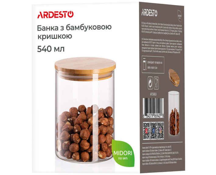 Банка для зберігання Ardesto Midori 540 мл, скло, бамбук, кругла, прозорий