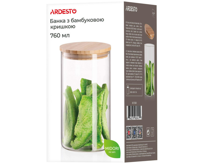 Банка для зберігання Ardesto Midori 760 мл, скло, бамбук, кругла, прозорий