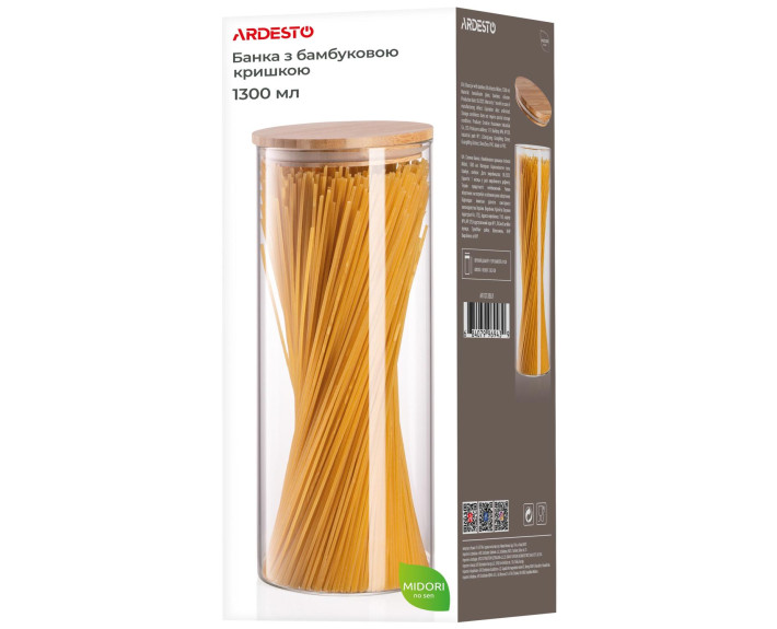 Банка для зберігання Ardesto Midori 1300 мл, скло, бамбук, кругла, прозорий