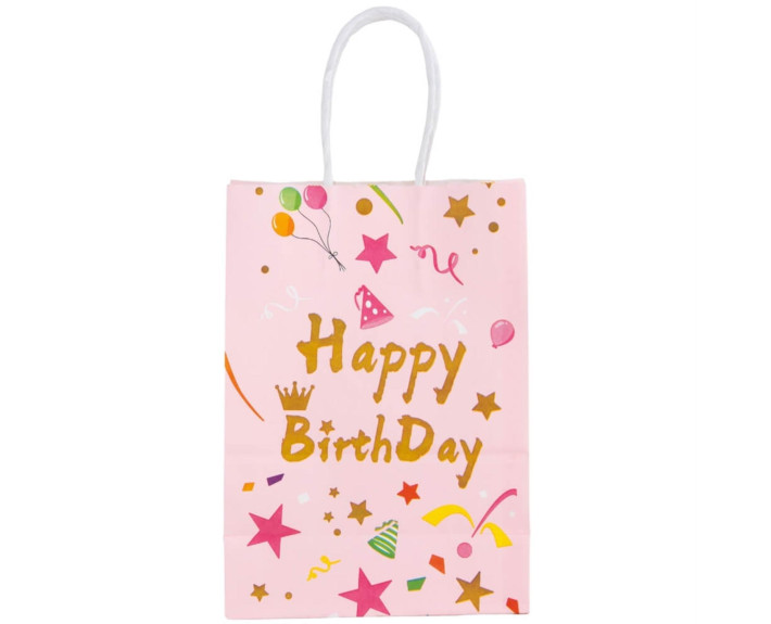 Подарочная бумажная сумка Happy Birthday, 21*15*8 см, розовая/белая/голубая