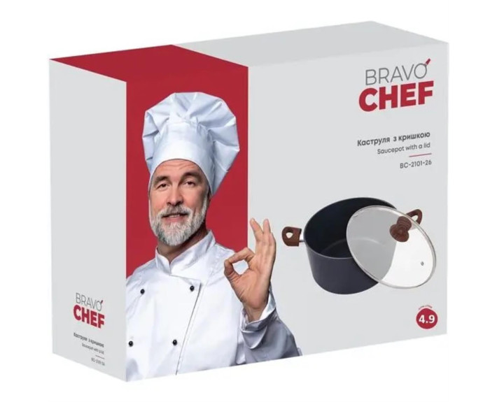 Кастрюля BRAVO CHEF классическая 26 см (4.9 л) с крышкой, Китай