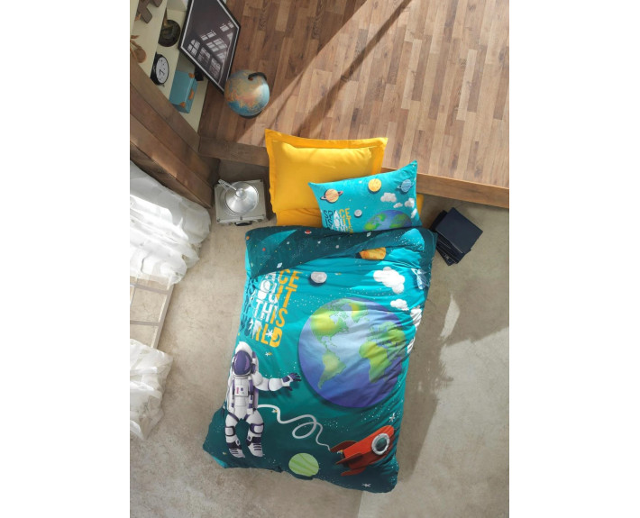 КПБ 1,5 JUNIOR (підк.160X220см, прост.180X240см, навол.1шт 50X70см),LITTLE ASTRONAUT TURKUAZ, ранфор