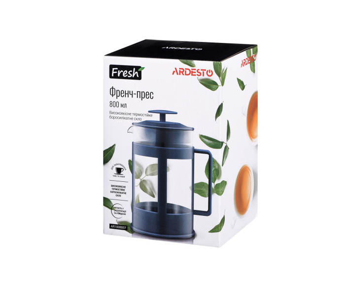 Френч-прес Ardesto Fresh, 800мл, боросилікатне скло, пластик, прозорий, синій