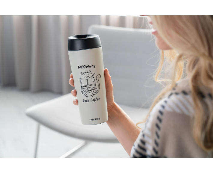 Термокружка Ardesto Coffee Time Meowning, 450мл, нержавеющая сталь, бежевый