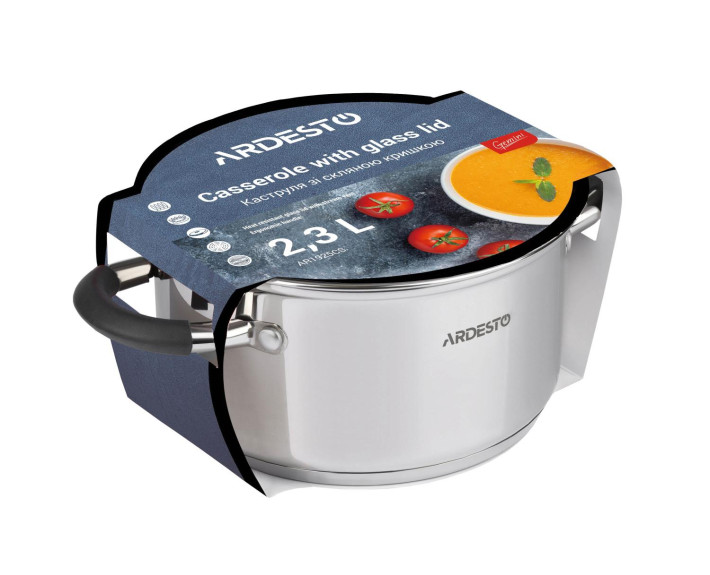 Каструля зі скляною кришкою Ardesto Gemini Salerno, 2.3л, нержавіюча сталь, силікон