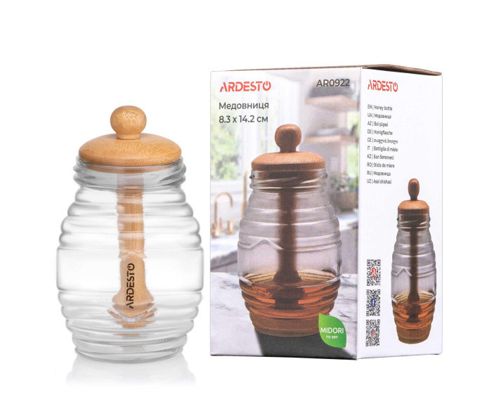 Медовниця Ardesto Midori 500мл, 8.3х14.2см, бамбук, скло