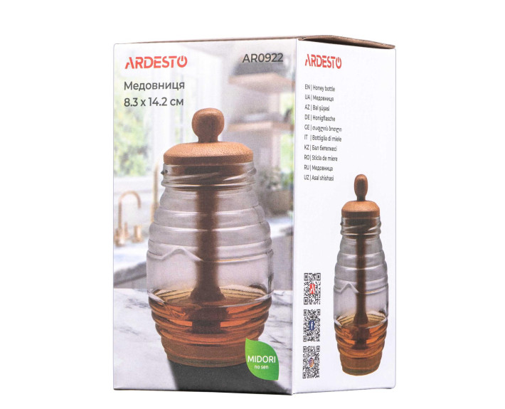 Медовниця Ardesto Midori 500мл, 8.3х14.2см, бамбук, скло