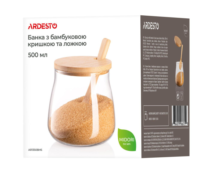 Банка для хранения Ardesto Midori Sugar, 500мл, стекло, бамбук, прозрачный