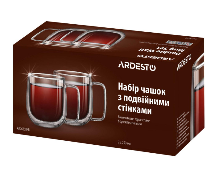 Набір чашок з ручками і подвійними стінками Ardesto, 250мл, 2шт, боросилікатне скло, прозорий BPR