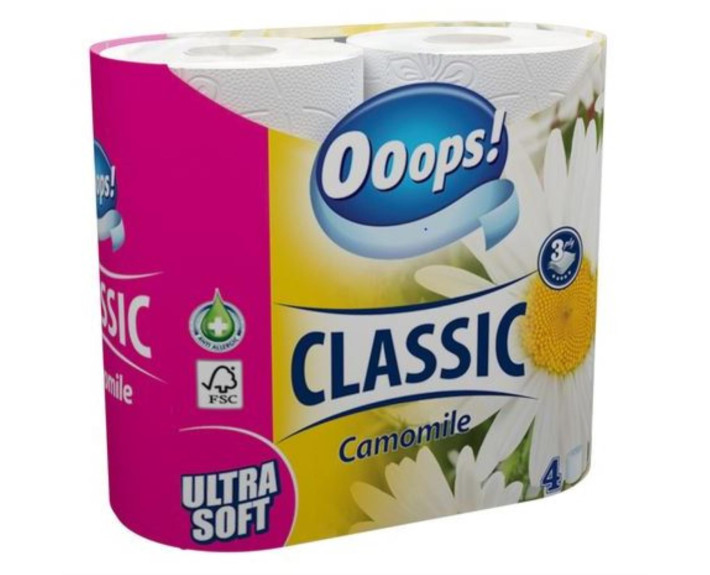 Туалетная бумага Ooops Classic 3-х слойная Ромашка 4 шт 140 в уп /16/