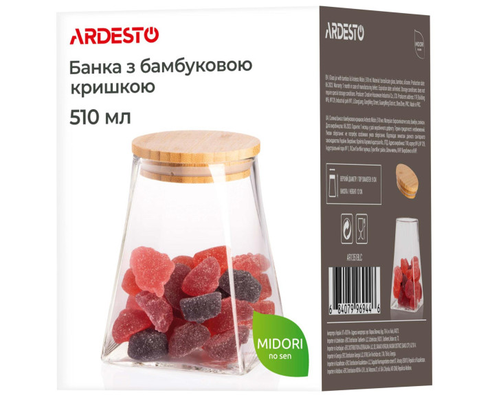 Банка для зберігання Ardesto Midori, 510мл, скло, бамбук, конусна, прозорий