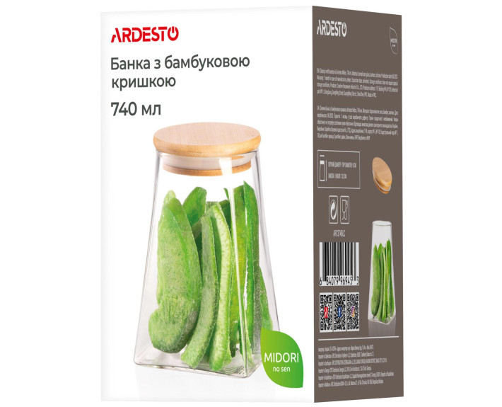 Банка для зберігання Ardesto Midori, 740мл, скло, бамбук, конусна, прозорий