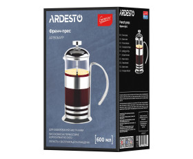 Френч-прес Ardesto Gemini Asti, 600мл, боросилікатне скло, нержавіюча сталь, прозорий