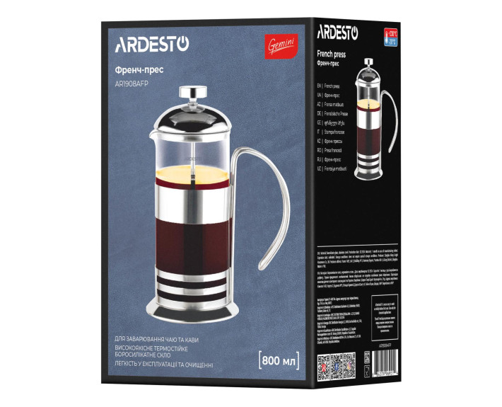 Френч-прес Ardesto Gemini Asti, 800мл, боросилікатне скло, нержавіюча сталь, прозорий
