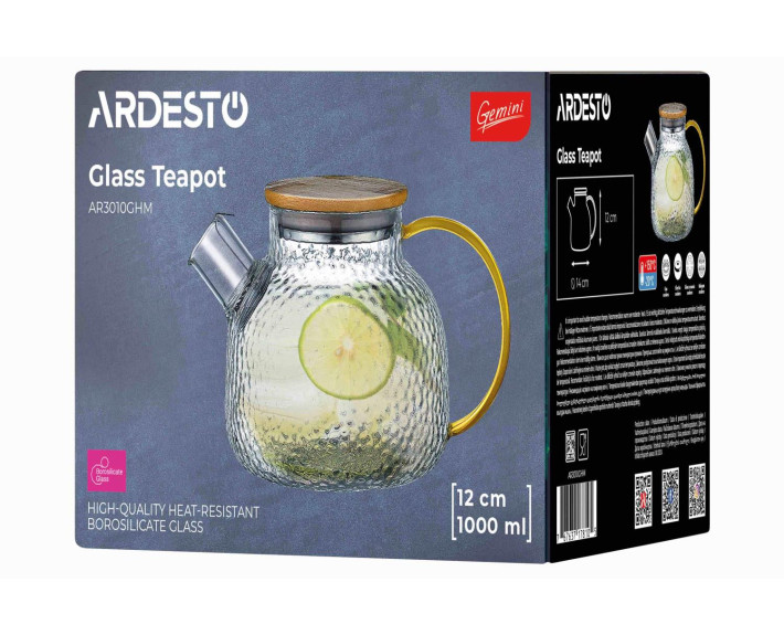 Заварник Ardesto Gemini Dew 1000мл, боросилікатне скло, бамбук, прозорий
