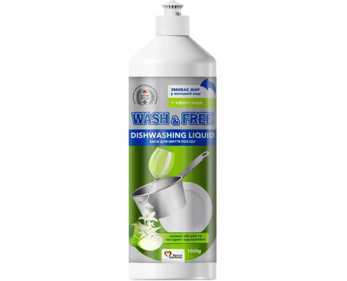 Засіб для миття посуду 1л Зелене яблуко та едельвейс WASH&FREE
