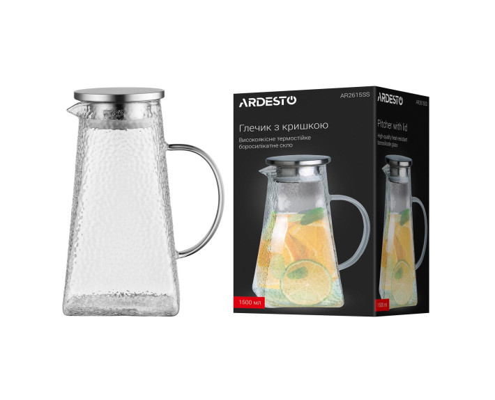 Глечик з кришкою ARDESTO, 1500мл, боросилікатне скло, нержавіюча сталь, прозорий