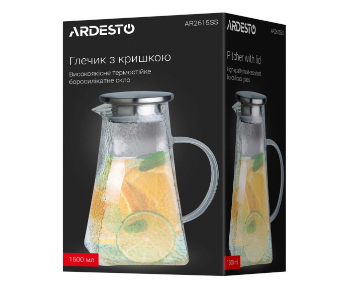 Глечик з кришкою ARDESTO, 1500мл, боросилікатне скло, нержавіюча сталь, прозорий