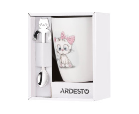 Чашка з ложкою ARDESTO Cute, 320мл, порцеляна, нержавіюча сталь, білий