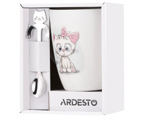 Чашка з ложкою ARDESTO Cute, 320мл, порцеляна, нержавіюча сталь, білий