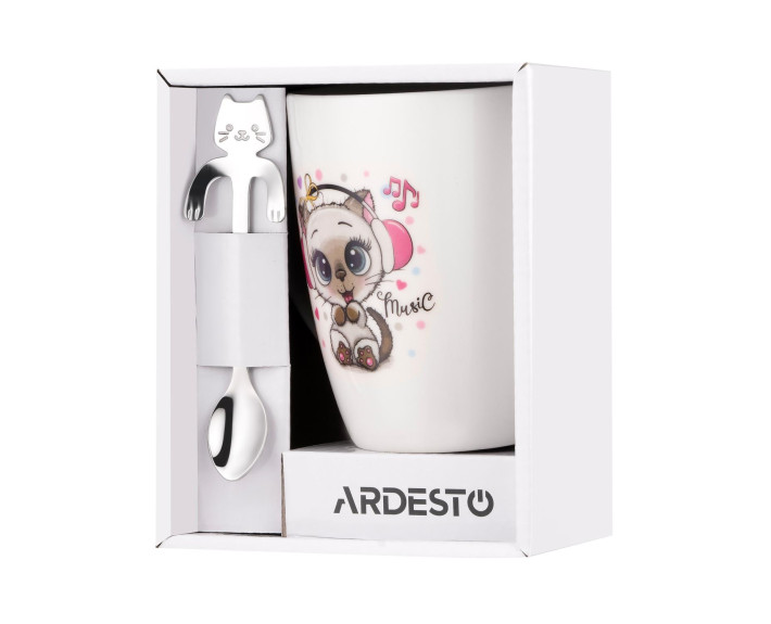 Чашка з ложкою ARDESTO Music, 320мл, порцеляна, нержавіюча сталь, білий