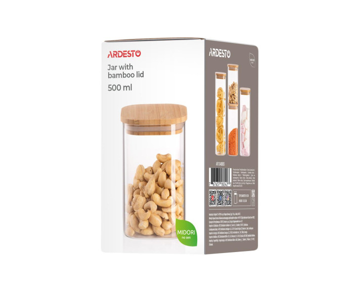 Банка для зберігання Ardesto Midori 500мл, скло, бамбук, квадратна, прозорий