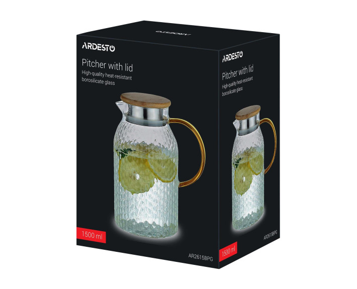 Глечик з кришкою ARDESTO Dew 1500мл, боросилікатне скло, нержавіюча сталь, бамбук, прозорий