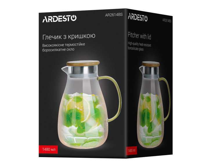 Глечик з кришкою ARDESTO 1480мл, боросилікатне скло, нержавіюча сталь, бамбук, прозорий