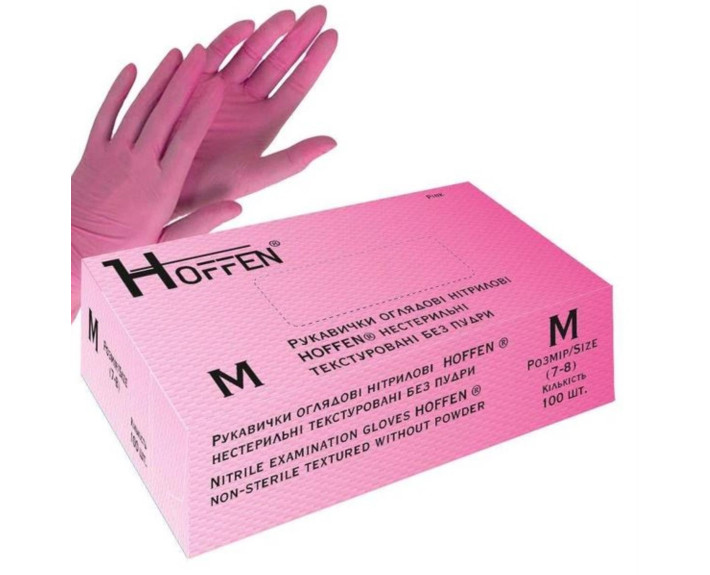 Рукавички нітрилові РОЖЕВІ 100шт/уп М HOFFEN 7%
