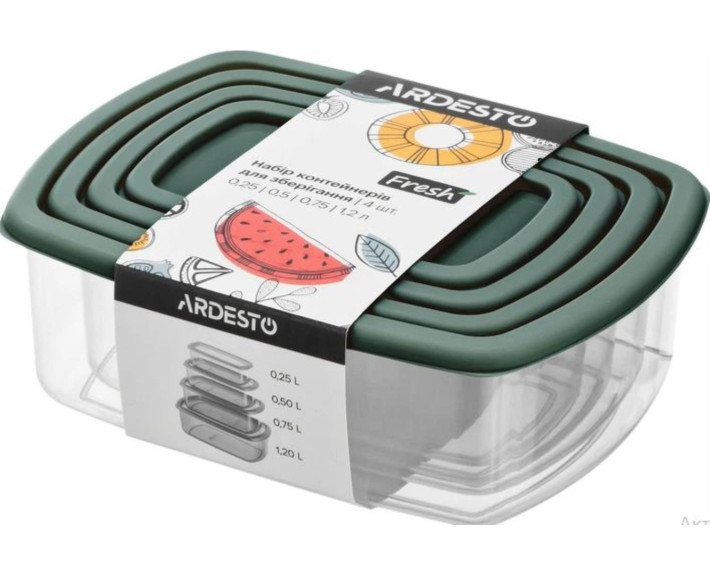 Набір контейн.для зберігання харчових продуктів ARDESTO Fresh 0.25/0.5/0.75/1.2л, пласт, прямок.зеле