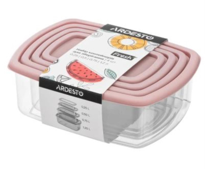 Набір контей. для зберігхарчових продуктів ARDESTO Fresh 0.25/0.5/0.75/1.2л, пласт. прямок. рожевий